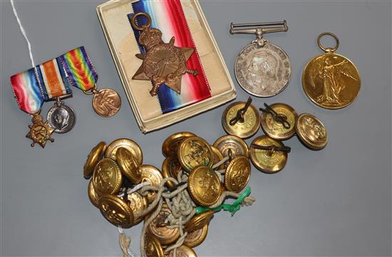 A WWI trio to Lieut. C L Baddeley RNVR (1914/15 Star, War, Victory and miniatures, boxed) and a collection of naval buttons